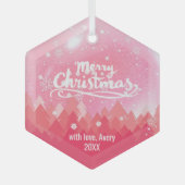 カスタムピンクのクリスタル雪の森メリークリスマス ガラスオーナメント (正面)