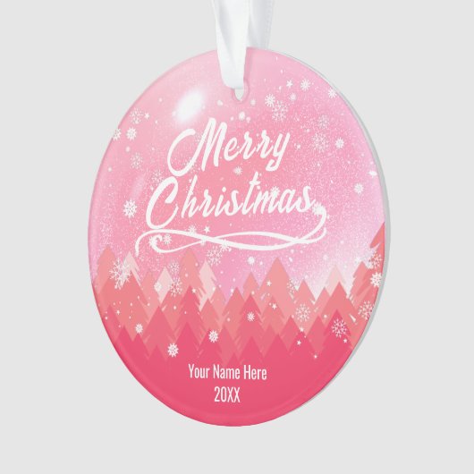 カスタムピンクの穏やかな雪の森メリークリスマス オーナメント (正面)