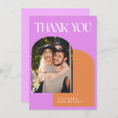 カスタムピンクオレンジレトロフォト婚約 サンキューカード (正面/裏面)