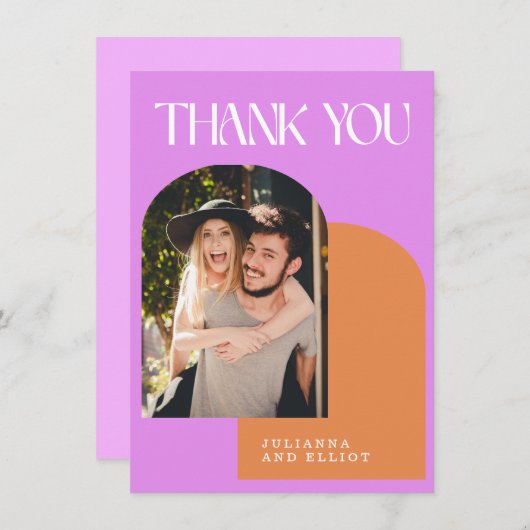 カスタムピンクオレンジレトロフォト婚約 サンキューカード (正面/裏面)