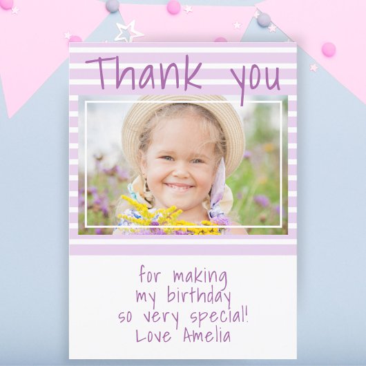 カスタムピンクストライプ誕生日写真サンキューカード