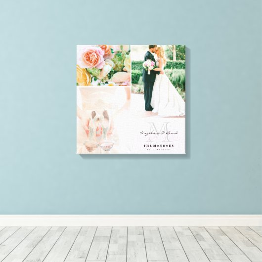 カスタムピンクダマスモノグラム結婚の写真コラージュ キャンバスプリント (インサイチュ (ウッドフロア))