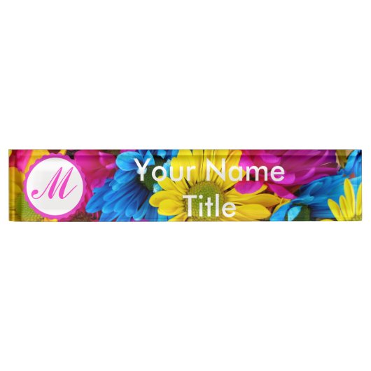 カスタムピンクデスク名プレートデイジーカラフル花 デスクネームプレート (正面)