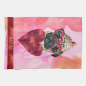 カスタムピンクドッグラバーバレンタインギフトパグ キッチンタオル (横)