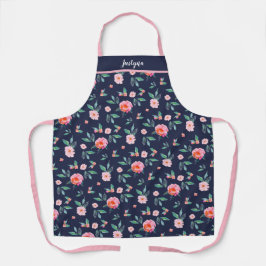 カスタムピンクネイビーブルーフローラ水彩模様 エプロン