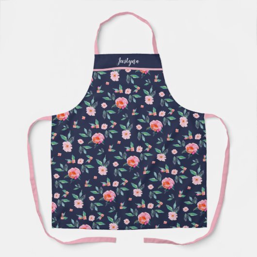 カスタムピンクネイビーブルーフローラ水彩模様 エプロン (正面)