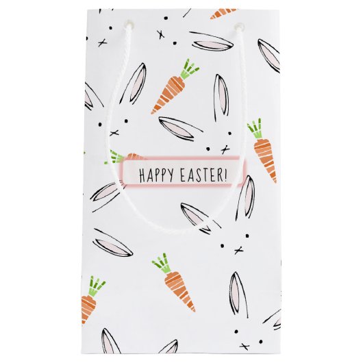 カスタムピンクバニーのウサギとニンジン柄バスケット スモールペーパーバッグ (正面)