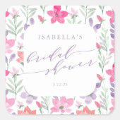 カスタムピンクパープルウォーターフローラブライダルシャワー スクエアシール (正面)