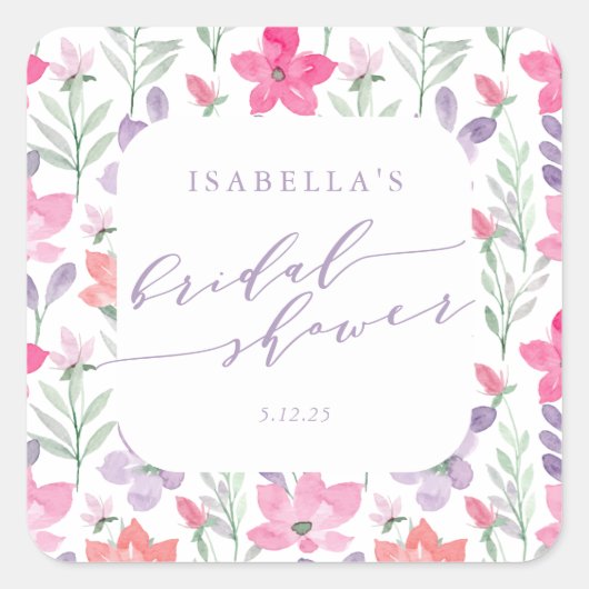 カスタムピンクパープルウォーターフローラブライダルシャワー スクエアシール (正面)