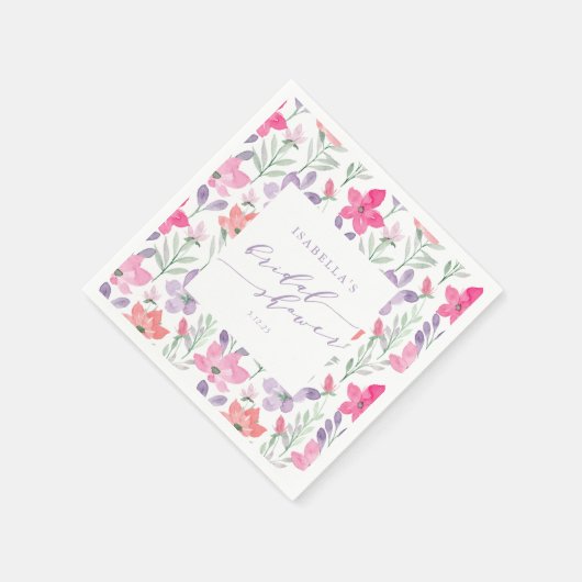 カスタムピンクパープルウォーターフローラブライダルシャワー スタンダードカクテルナプキン (角)