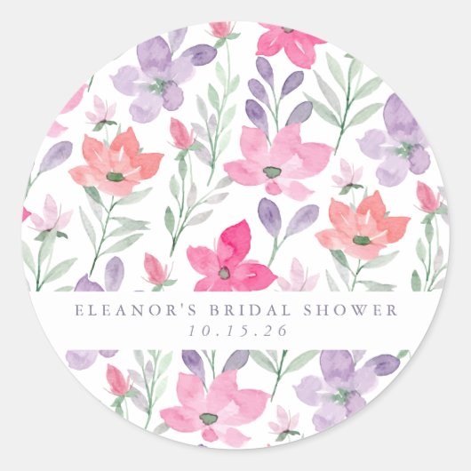 カスタムピンクパープルウォーターフローラブライダルシャワー ラウンドシール (正面)