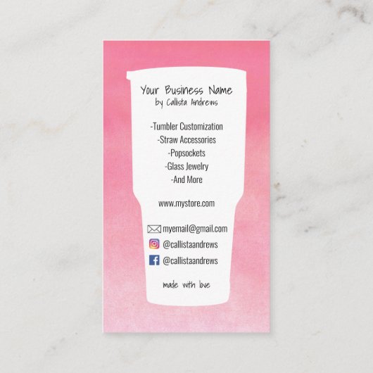 カスタムピンクパープルティール（緑がかった色）タンブラー水彩工芸品 名刺 (裏面)