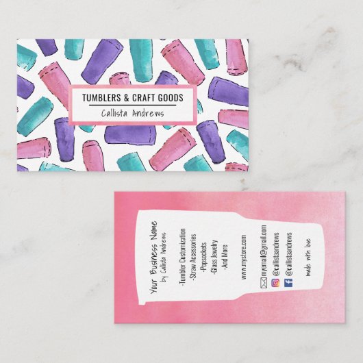 カスタムピンクパープルティール（緑がかった色）タンブラー水彩工芸品 名刺 (正面/裏面)