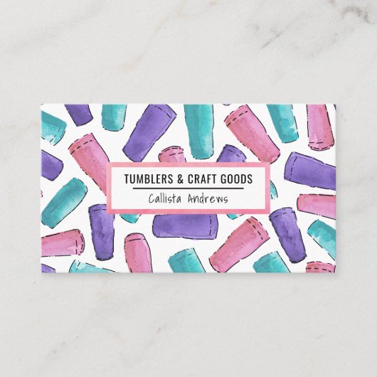 カスタムピンクパープルティール（緑がかった色）タンブラー水彩工芸品 名刺 (正面)