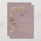 カスタムピンクパープル金ゴールドゴールデンオーキッ結婚チ 招待状 (正面/裏面)