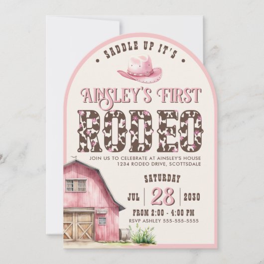 カスタムピンクファーストロデオピンクアーチ写真誕生日 招待状 (正面)