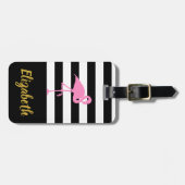 カスタムピンクフラミンゴon白黒ストライプ付 ラゲッジタグ (正面横)