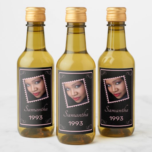 カスタムピンクブラックフォト誕生日 ワインラベル (ボトル)