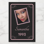 カスタムピンクブラックフォト誕生日 ワインラベル (シングルラベル)