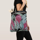 カスタムピンクプロテア花緑葉 トートバッグ (クローズアップ)