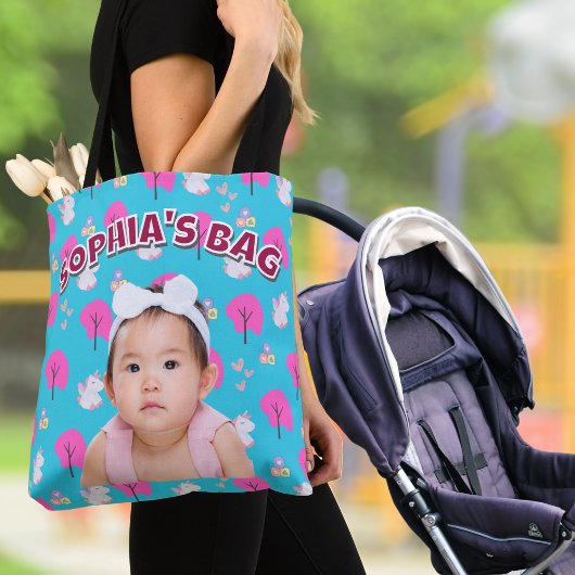 カスタムピンクベビーガール写真とユニコーンデザイン トートバッグ