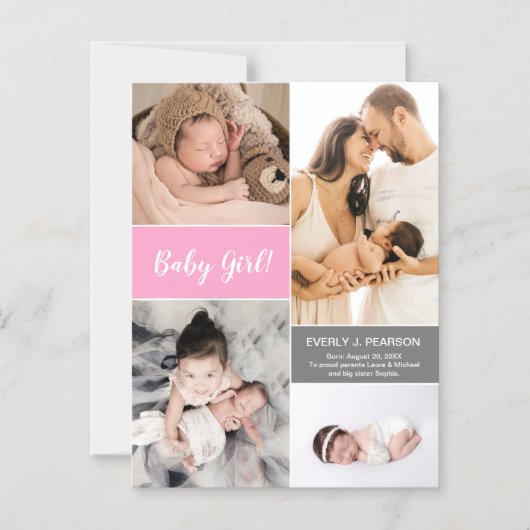 カスタムピンクベビーガール第2子フォトコラージュ マグネット招待状 (正面)