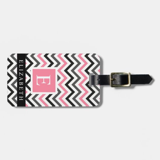 カスタムピンクホワイトブラックグレーシェブロンパターン ラゲッジタグ (正面横)