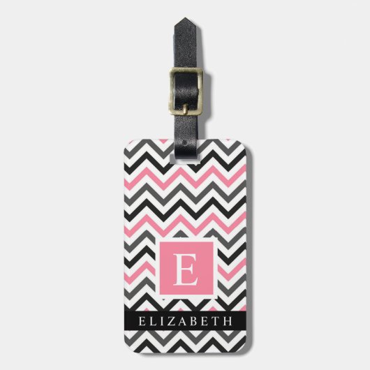 カスタムピンクホワイトブラックグレーシェブロンパターン ラゲッジタグ (正面縦)