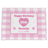 カスタムピンクホワ市松模様にイ25誕生日 ラージペーパーバッグ (正面)
