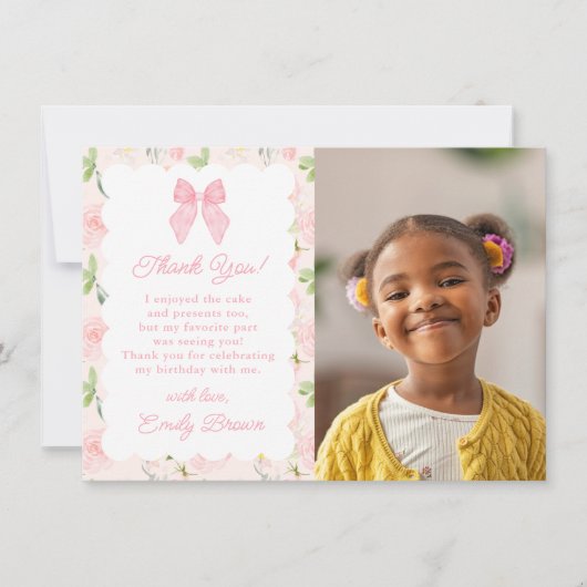 カスタムピンクボウフローラコケット美的写真 サンキューカード (正面)