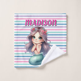 カスタムピンクマーメイドパタストライプのーン ウォッシュタオル