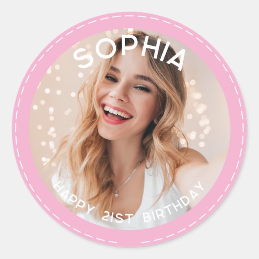 カスタムピンクモダン21歳の誕生日の写真 ラウンドシール (正面)
