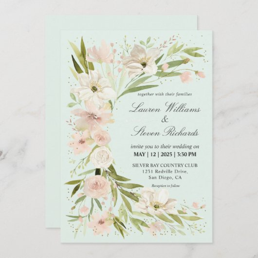 カスタムピンクライトパステルグリーンロマンチックコーナー 招待状 (正面/裏面)