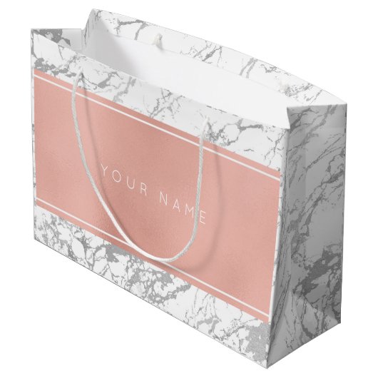 カスタムピンクローズ金ゴールドメタリックミニマルマーブルグレー ラージペーパーバッグ (裏面アングル)