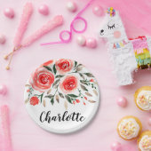 カスタムピンクローゼズウォーターカラーフローライラストレーション ペーパープレート (パーティー)