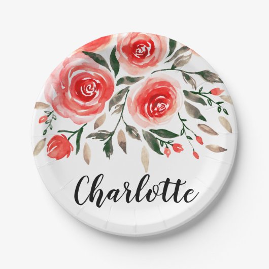 カスタムピンクローゼズウォーターカラーフローライラストレーション ペーパープレート (正面)