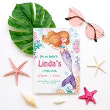 カスタムピンク人魚パーティー誕生日招待状