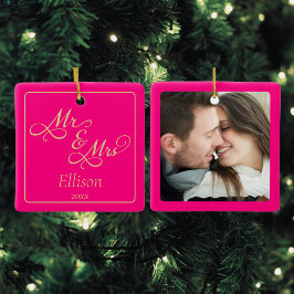 カスタムピンク新婚カップル セラミックオーナメント