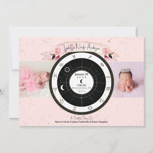 カスタムピンク星占いサンムーン誕生のお知らせ 招待状 (正面)
