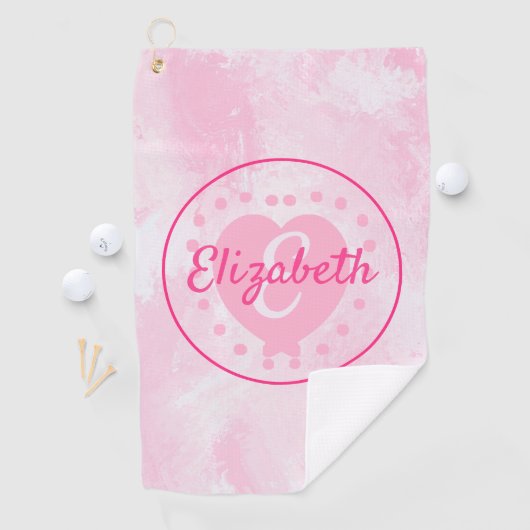 カスタムピンク水色ハート名モノグラム ゴルフタオル (インサイチュ)
