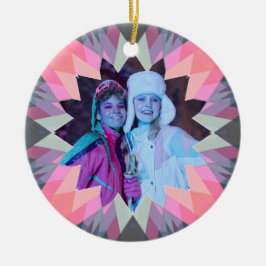 カスタムピンク灰色クリスマススター家族の写真ギフト セラミックオーナメント