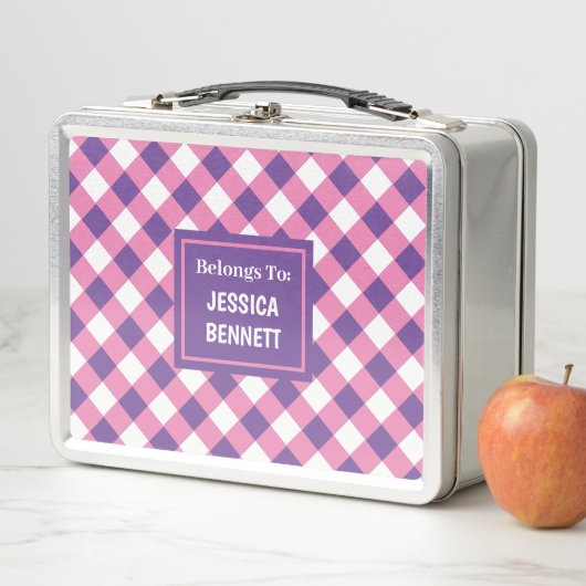 カスタムピンク白市松模様に紫パターン メタルランチボックス (インサイチュ)