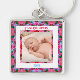 カスタムピンク緑すてきフェスティバルクリスマスフォト キーホルダー