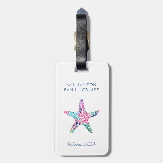 カスタムファミリークルーズバケーションカワイヒトデ名門私立校風のィッシュ ラゲッジタグ (裏面縦)