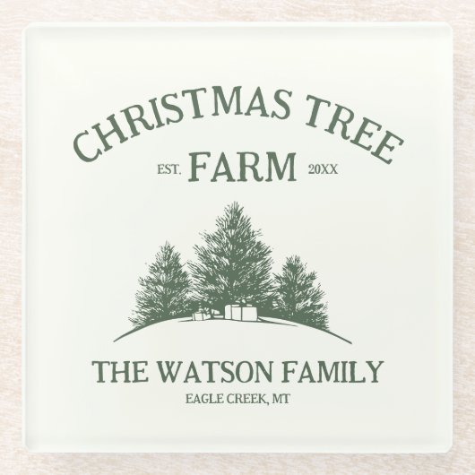 カスタムファミリーネームクリスマスツリーファームレトロ ガラスコースター (正面)