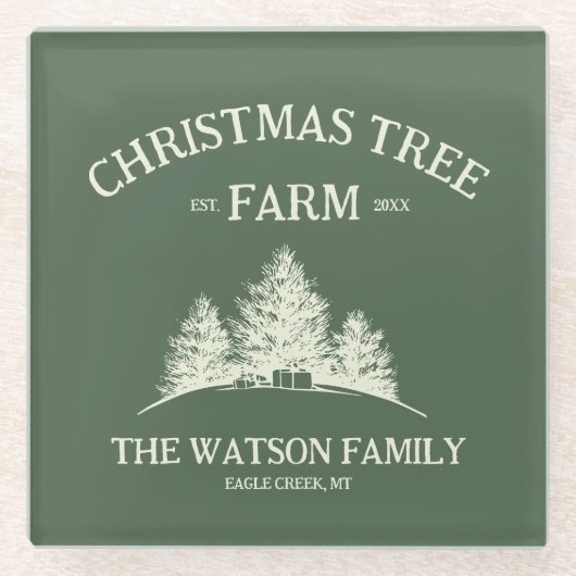 カスタムファミリーネームクリスマスツリーファームレトロ ガラスコースター (正面)
