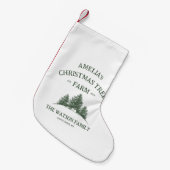 カスタムファミリーネームクリスマスツリーファームレトロ スモールクリスマスストッキング (正面 (吊り時))