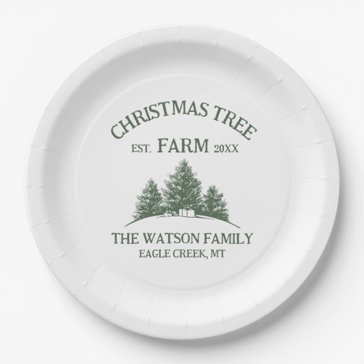 カスタムファミリーネームクリスマスツリーファームレトロ ペーパープレート (正面)