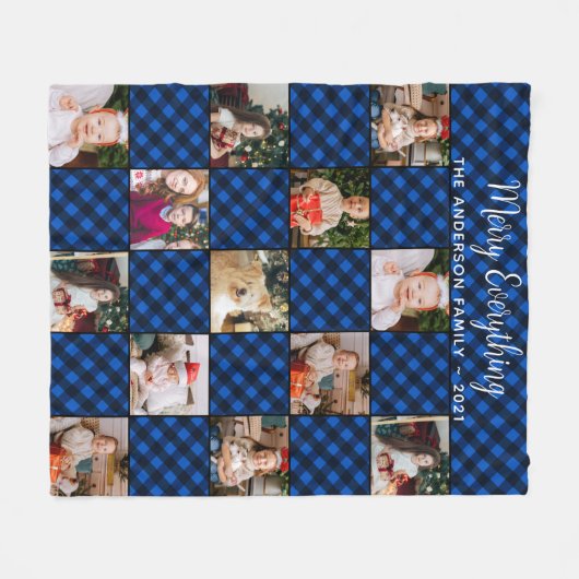 カスタムファミリーホリデーブルーバッファロープレイド13写真 フリースブランケット (正面(横))