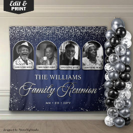 カスタムファミリーリユニオンバナー、7枚の写真付きブルーシルバー タペストリー